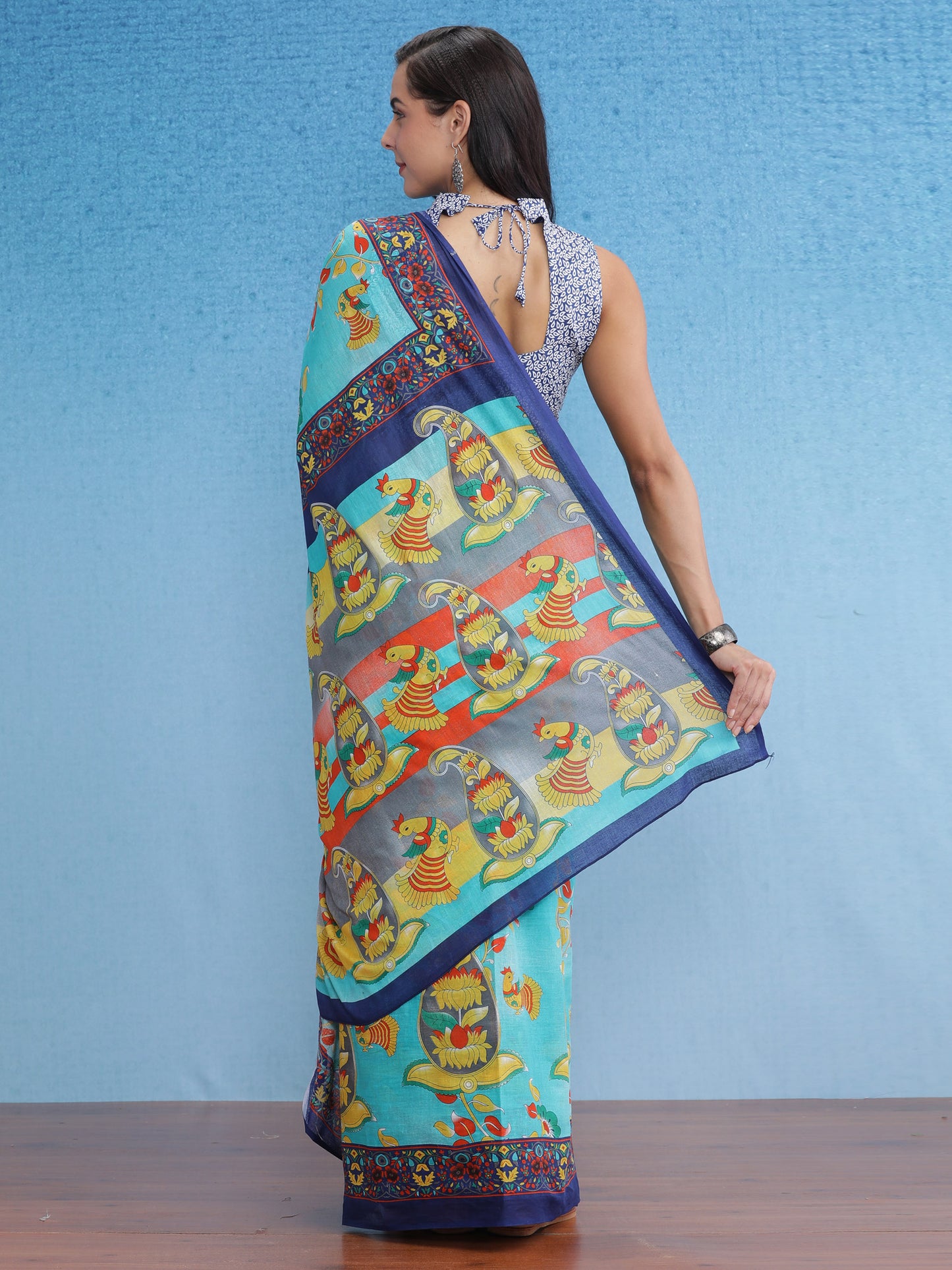 Women's Cotton Blue Printed Designer Saree With Blouse Piece