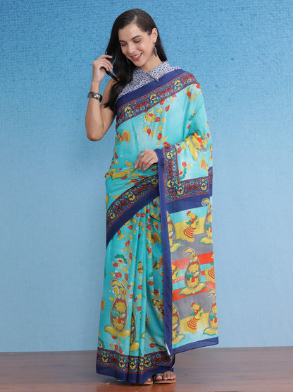 Women's Cotton Blue Printed Designer Saree With Blouse Piece