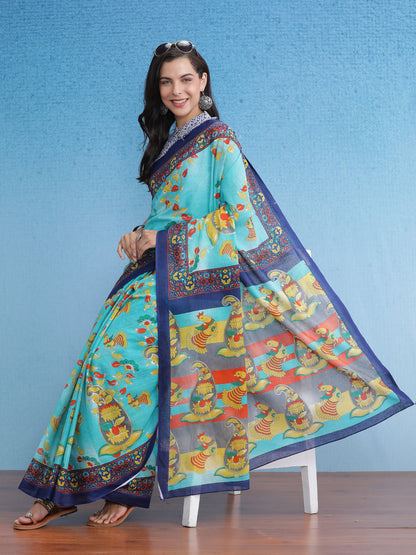 Women's Cotton Blue Printed Designer Saree With Blouse Piece