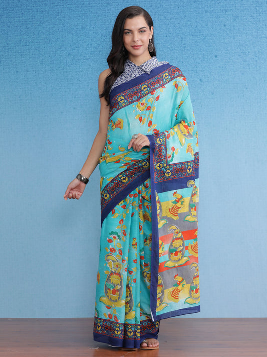 Women's Cotton Blue Printed Designer Saree With Blouse Piece