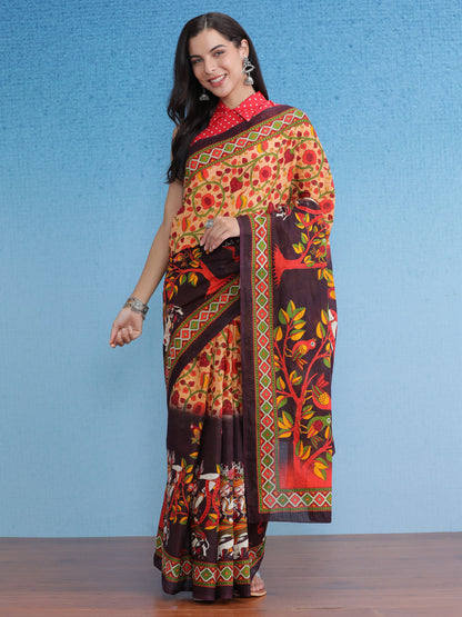 Women's Cotton Cream Printed Designer Saree With Blouse Piece
