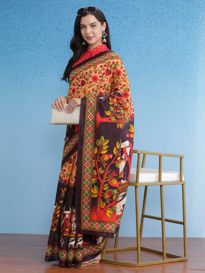Women's Cotton Cream Printed Designer Saree With Blouse Piece