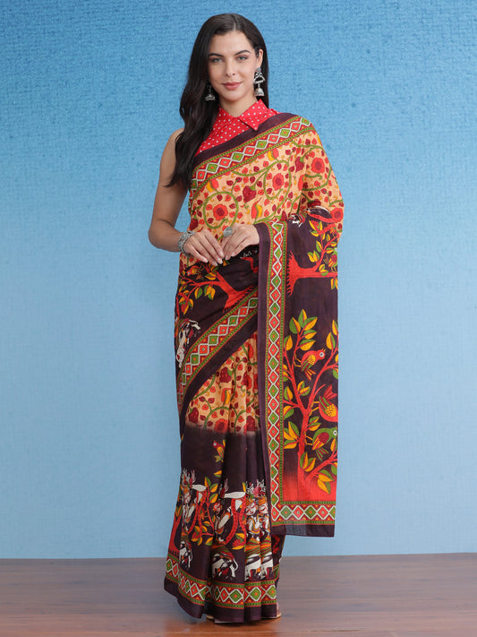 Women's Cotton Cream Printed Designer Saree With Blouse Piece