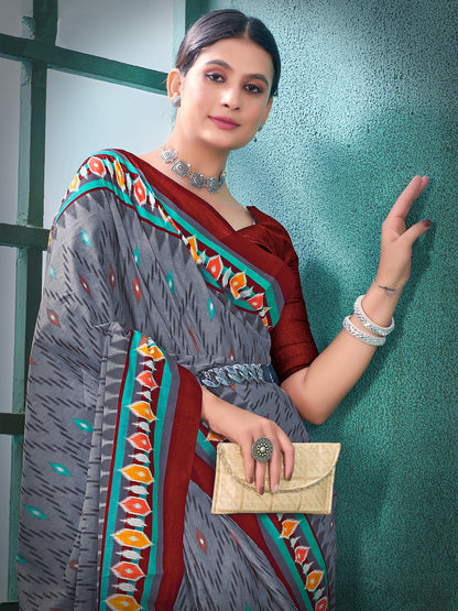 Women's Cotton Grey Printed Designer Saree With Blouse Piece
