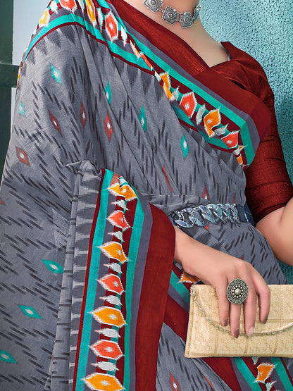 Women's Cotton Grey Printed Designer Saree With Blouse Piece