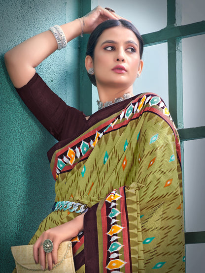 Women's Cotton Olive Printed Designer Saree With Blouse Piece