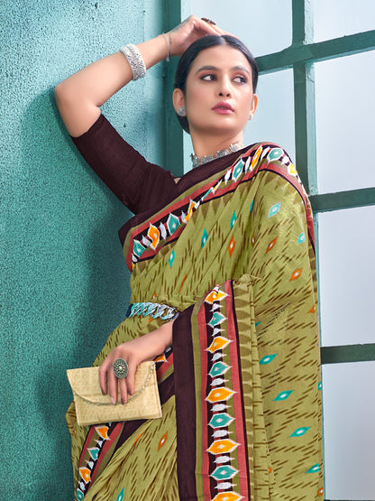 Women's Cotton Olive Printed Designer Saree With Blouse Piece