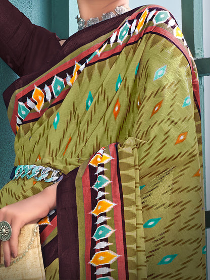 Women's Cotton Olive Printed Designer Saree With Blouse Piece