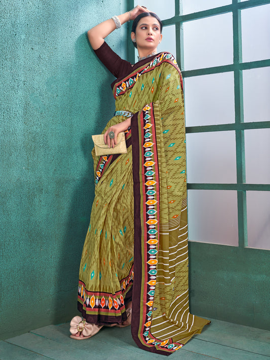 Women's Cotton Olive Printed Designer Saree With Blouse Piece