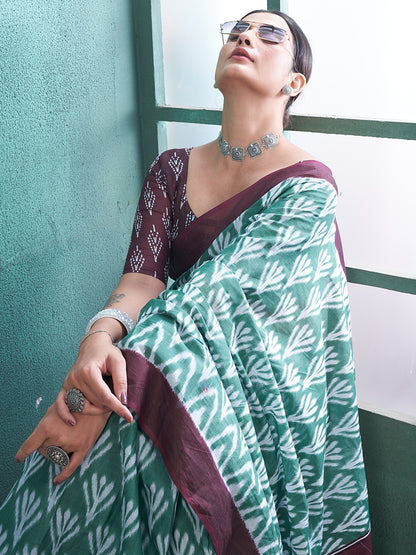 Women's Cotton Sea Green Printed Designer Saree With Blouse Piece