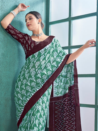 Women's Cotton Sea Green Printed Designer Saree With Blouse Piece