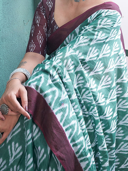 Women's Cotton Sea Green Printed Designer Saree With Blouse Piece