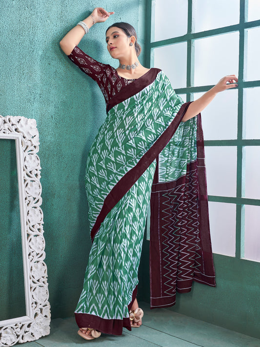 Women's Cotton Sea Green Printed Designer Saree With Blouse Piece