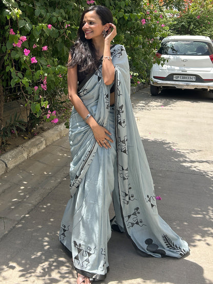 Women's Cotton Grey Printed Designer Saree With Blouse Piece