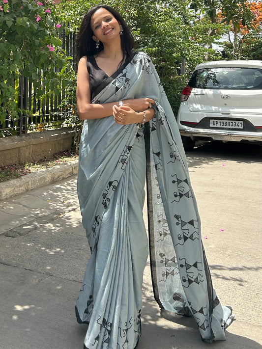 Women's Cotton Grey Printed Designer Saree With Blouse Piece