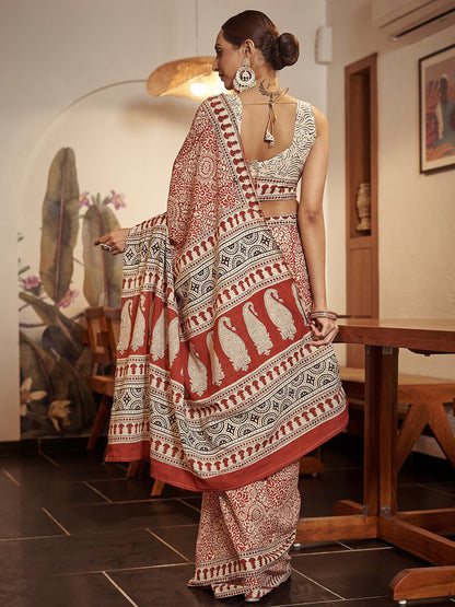 Women's Cotton Rust Printed Designer Saree With Blouse Piece