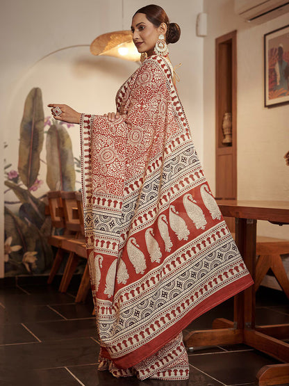 Women's Cotton Rust Printed Designer Saree With Blouse Piece