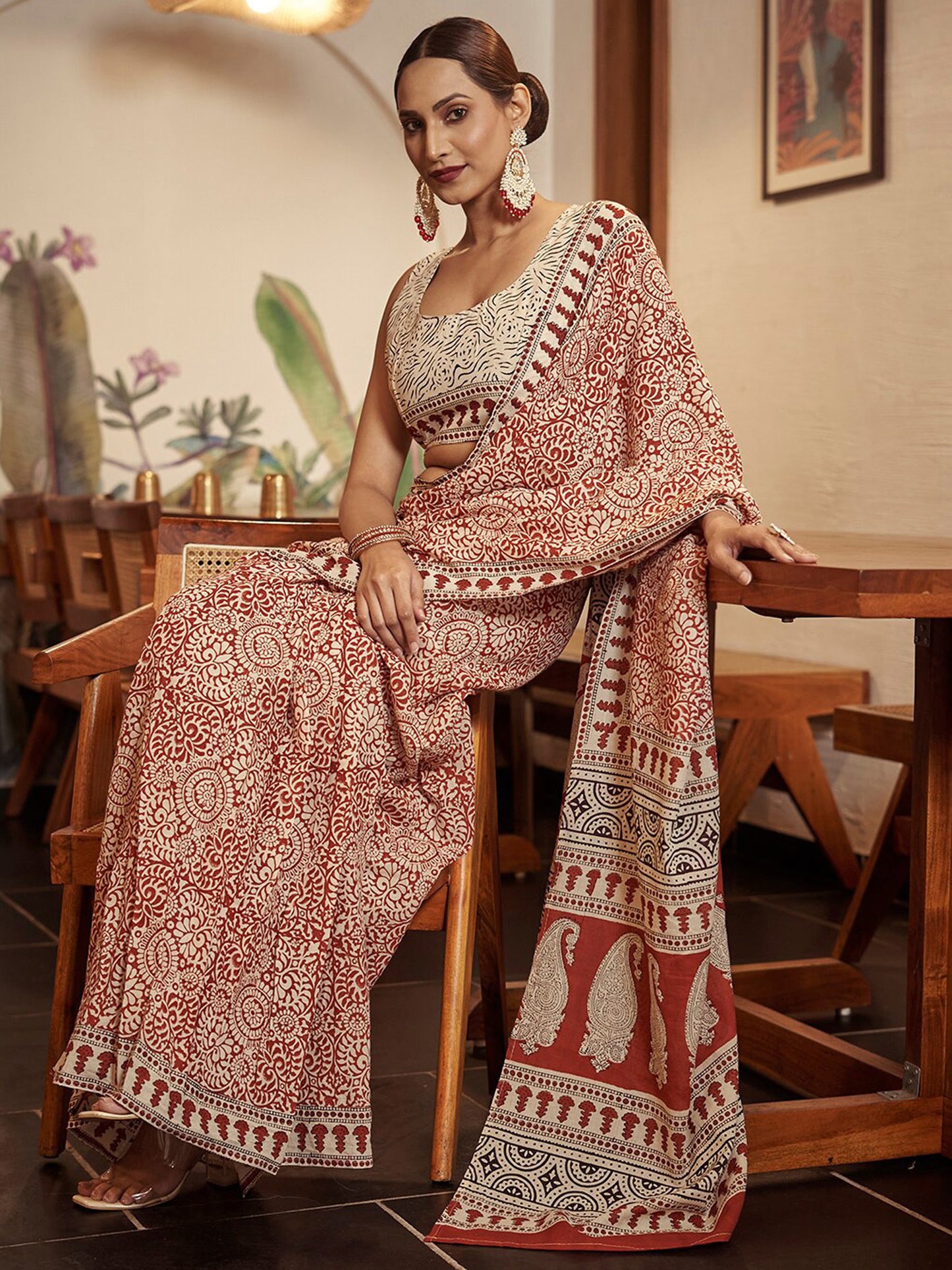 Women's Cotton Rust Printed Designer Saree With Blouse Piece