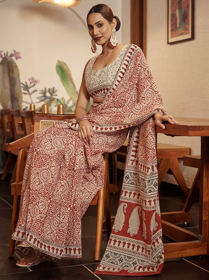 Women's Cotton Rust Printed Designer Saree With Blouse Piece
