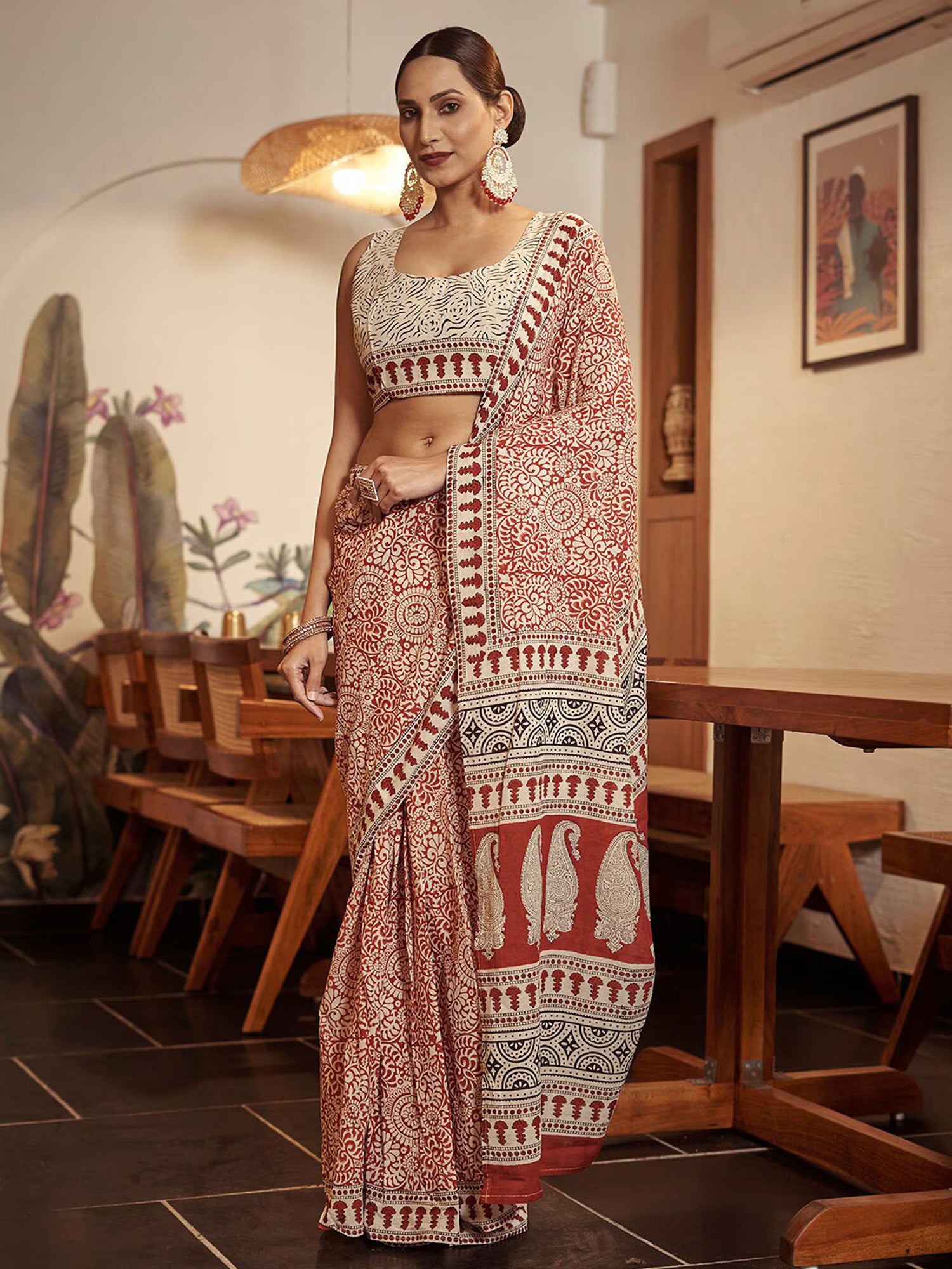 Women's Cotton Rust Printed Designer Saree With Blouse Piece