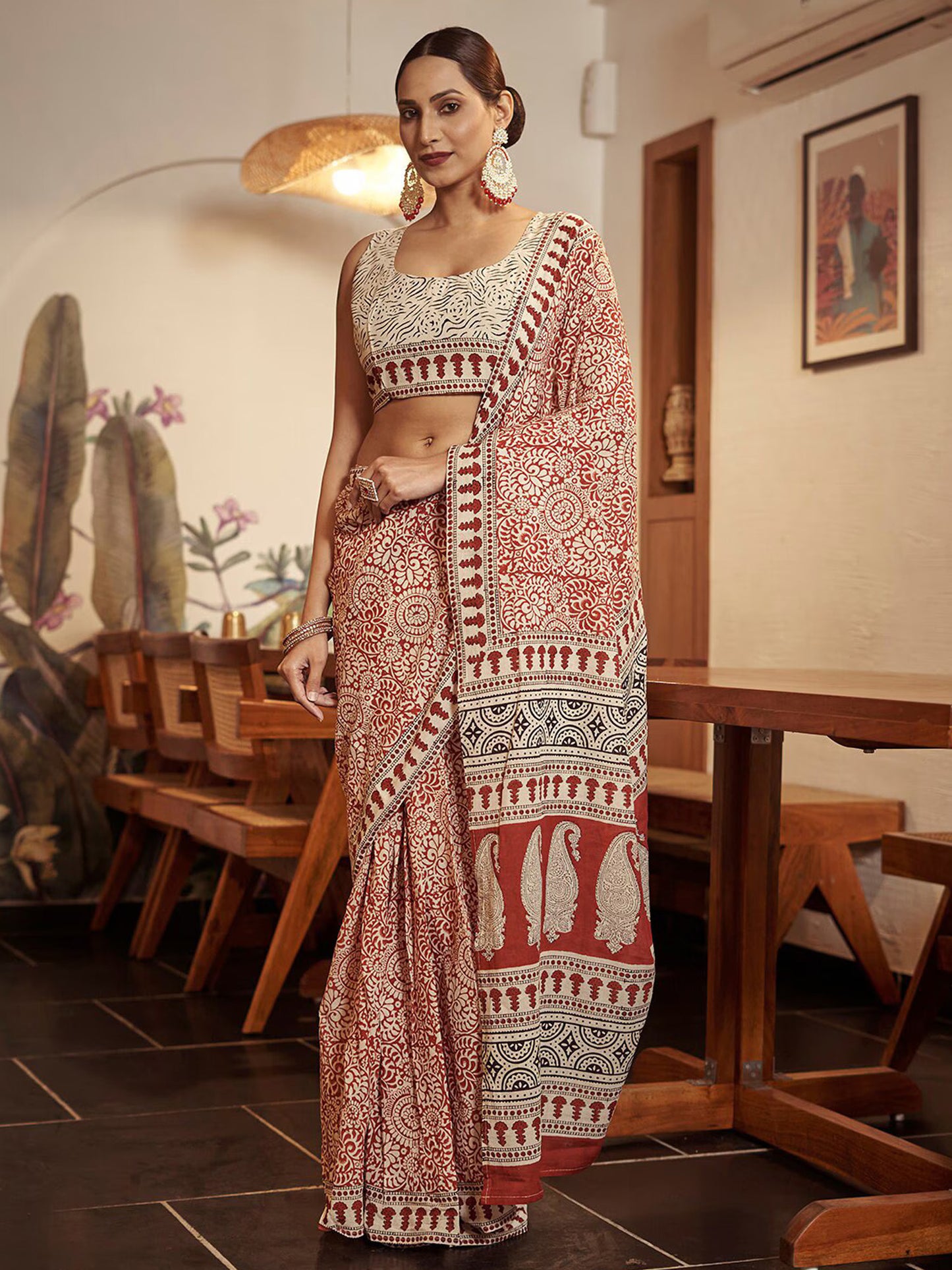 Women's Cotton Rust Printed Designer Saree With Blouse Piece