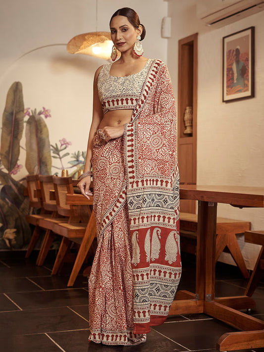 Women's Cotton Rust Printed Designer Saree With Blouse Piece