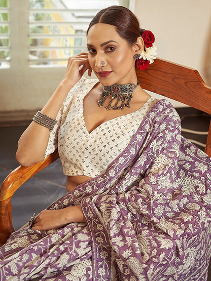 Women's Cotton Lavendar Printed Designer Saree With Blouse Piece