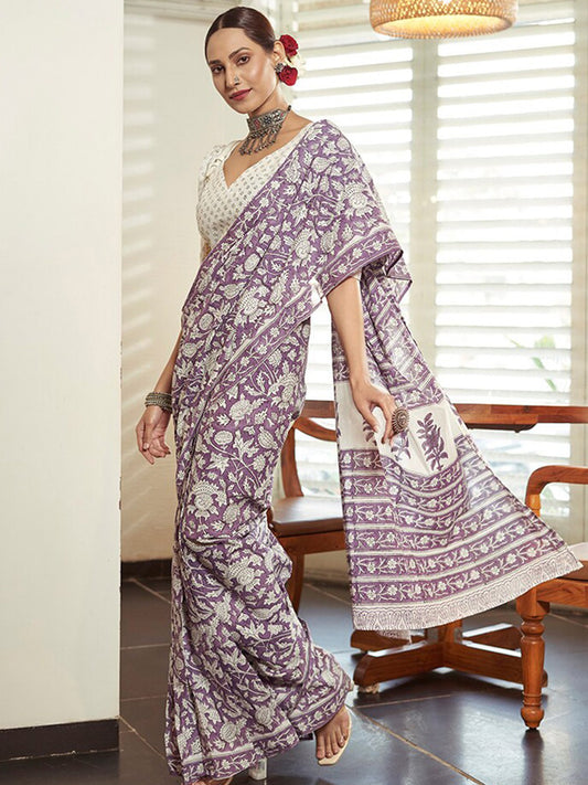 Women's Cotton Lavendar Printed Designer Saree With Blouse Piece