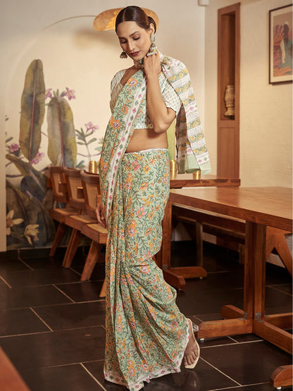 Women's Cotton Light Green Printed Designer Saree With Blouse Piece