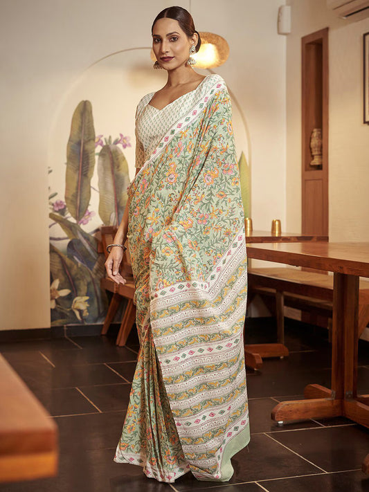 Women's Cotton Light Green Printed Designer Saree With Blouse Piece