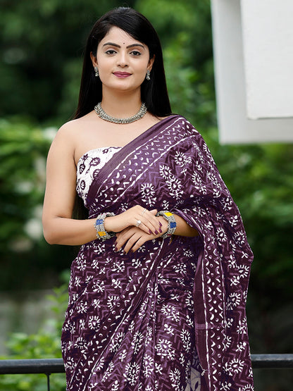 Women's Cotton White Printed Designer Saree With Blouse Piece
