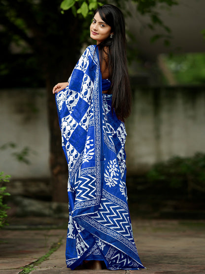 Women's Cotton Blue Printed Designer Saree With Blouse Piece