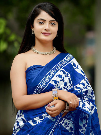 Women's Cotton Blue Printed Designer Saree With Blouse Piece