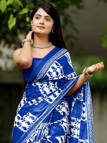 Women's Cotton Blue Printed Designer Saree With Blouse Piece