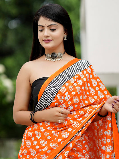 Women's Cotton Black Printed Designer Saree With Blouse Piece