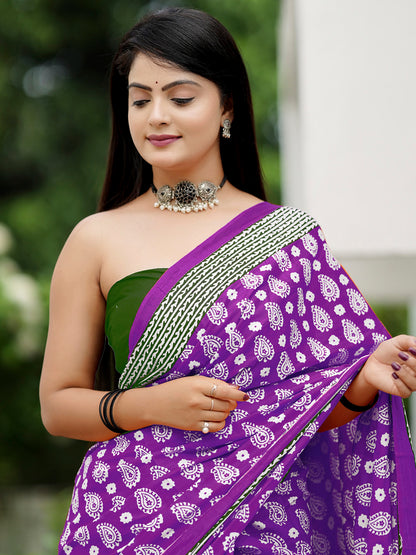 Women's Cotton Green Printed Designer Saree With Blouse Piece