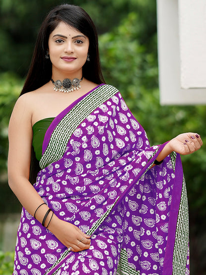 Women's Cotton Green Printed Designer Saree With Blouse Piece