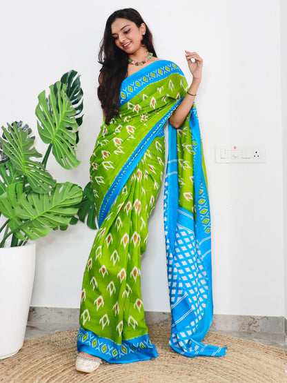 Women's Cotton Green Printed Designer Saree With Blouse Piece