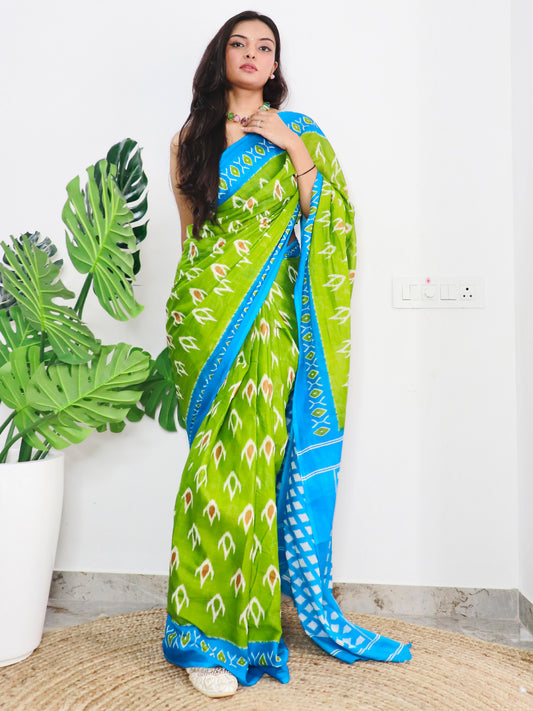 Women's Cotton Green Printed Designer Saree With Blouse Piece