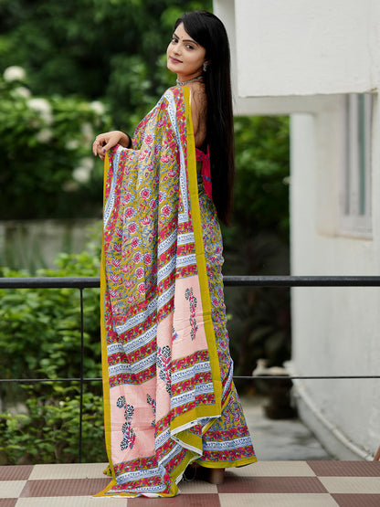 Women's Cotton Pink Printed Designer Saree With Blouse Piece