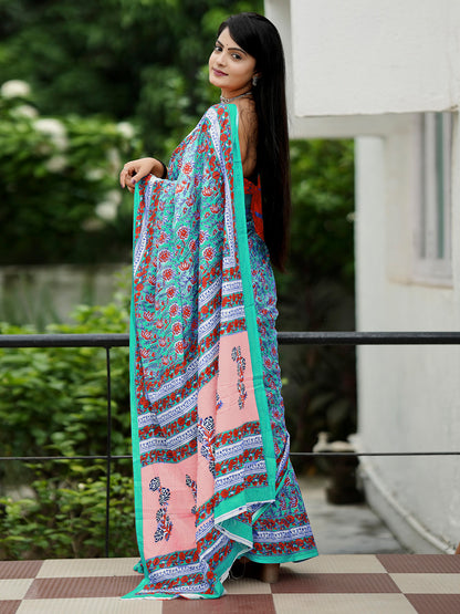 Women's Cotton Rust Printed Designer Saree With Blouse Piece