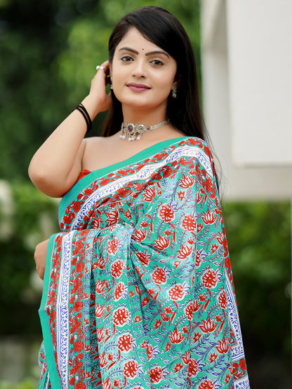 Women's Cotton Rust Printed Designer Saree With Blouse Piece