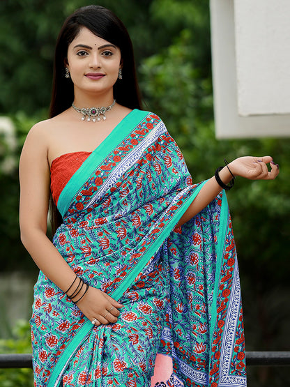 Women's Cotton Rust Printed Designer Saree With Blouse Piece