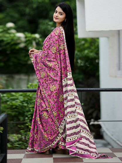 Women's Cotton Off White Printed Designer Saree With Blouse Piece
