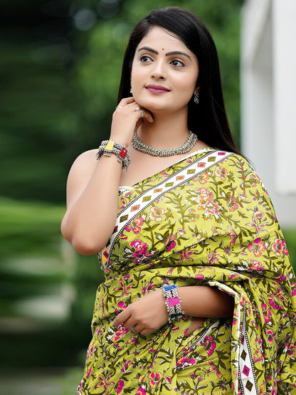 Women's Cotton Off White Printed Designer Saree With Blouse Piece