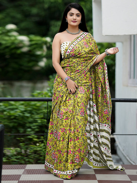 Women's Cotton Off White Printed Designer Saree With Blouse Piece