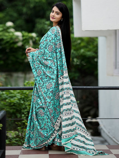 Women's Cotton Off White Printed Designer Saree With Blouse Piece