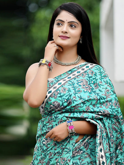 Women's Cotton Off White Printed Designer Saree With Blouse Piece