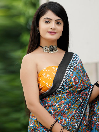Women's Cotton Mustard Printed Designer Saree With Blouse Piece