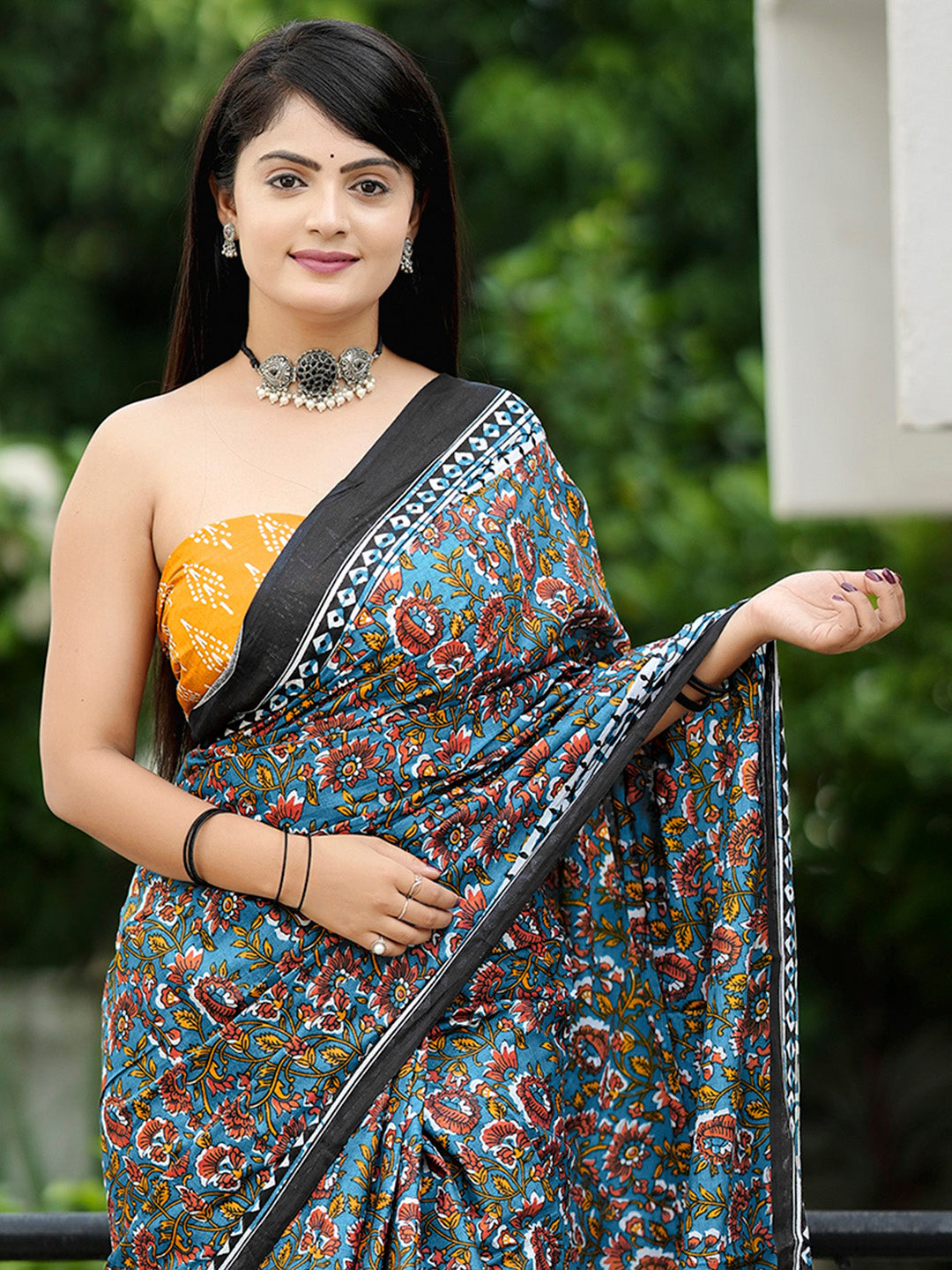 Women's Cotton Mustard Printed Designer Saree With Blouse Piece